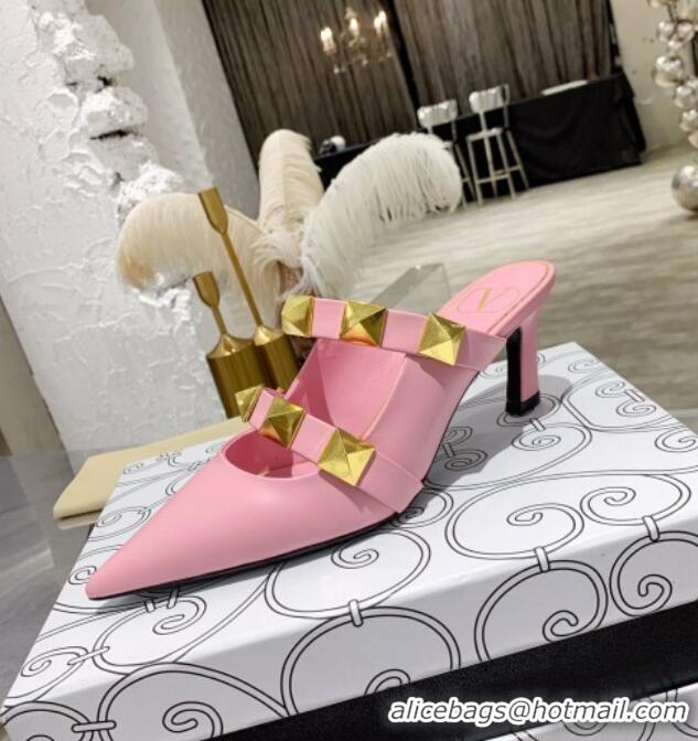 Best Quality Valentino Roman Stud Calfskin Heel Mules with Sculpted Strap 061580 Light Pink