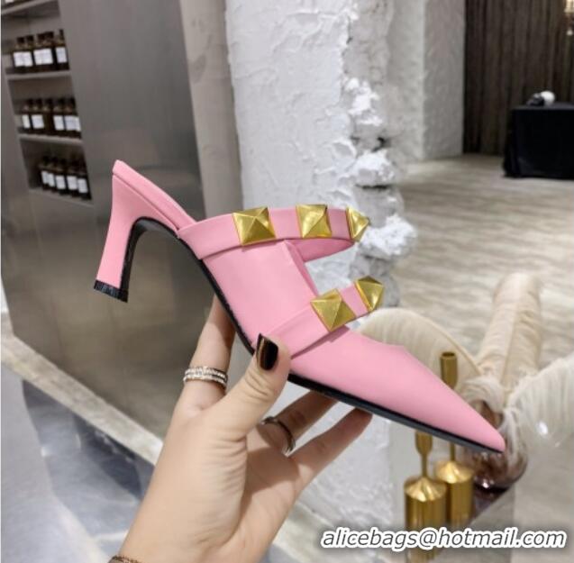 Best Quality Valentino Roman Stud Calfskin Heel Mules with Sculpted Strap 061580 Light Pink