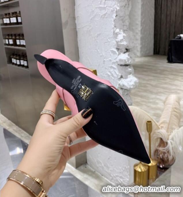 Best Quality Valentino Roman Stud Calfskin Heel Mules with Sculpted Strap 061580 Light Pink