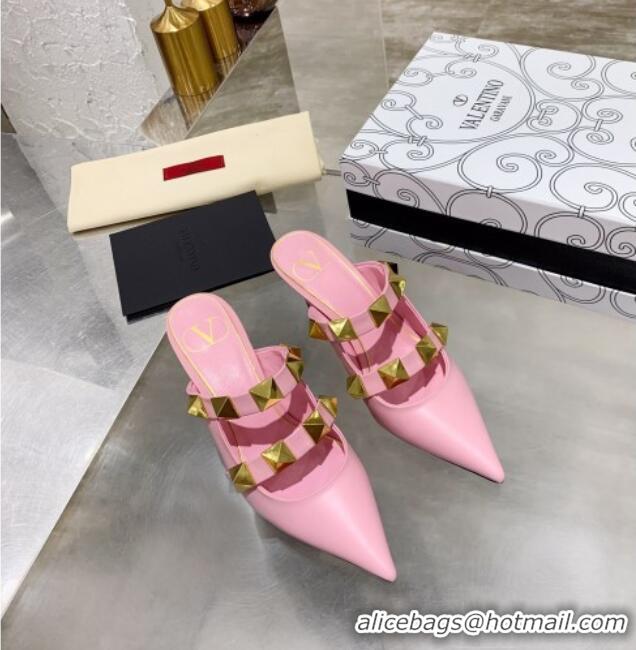 Best Quality Valentino Roman Stud Calfskin Heel Mules with Sculpted Strap 061580 Light Pink