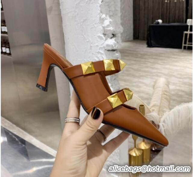 Good Product Valentino Roman Stud Calfskin Heel Mules with Sculpted Strap 061580 Brown