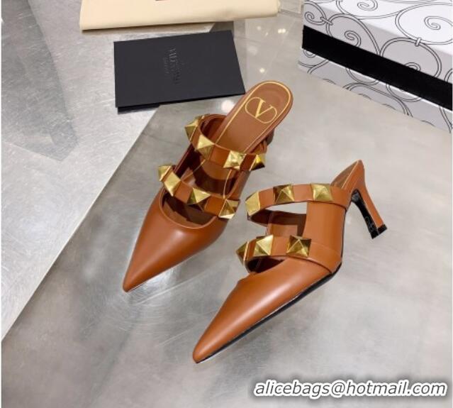 Good Product Valentino Roman Stud Calfskin Heel Mules with Sculpted Strap 061580 Brown