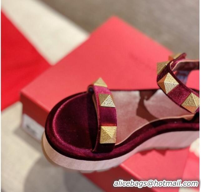 Charming Valentino Roman Stud Velvet Wedge Sandals 061587 Burgundy