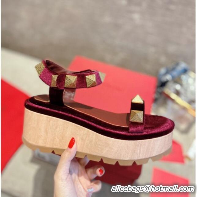 Charming Valentino Roman Stud Velvet Wedge Sandals 061587 Burgundy