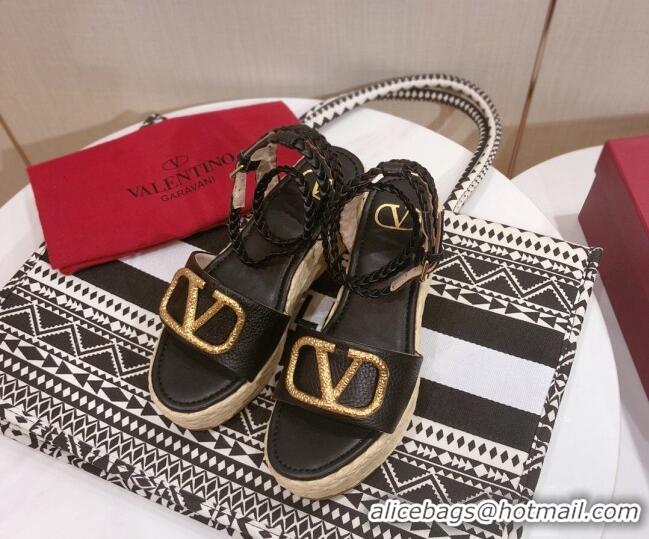 Luxurious Valentino VLogo Calfskin Wedge Sandals 061589 Black 2021