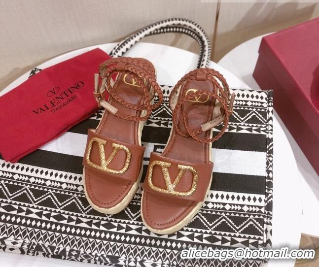 Top Design Valentino VLogo Calfskin Wedge Sandals 061589 Brown 2021