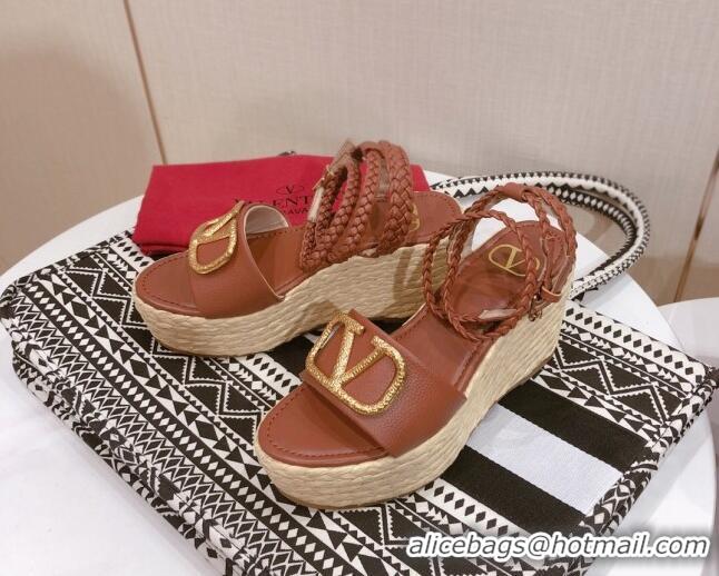 Top Design Valentino VLogo Calfskin Wedge Sandals 061589 Brown 2021