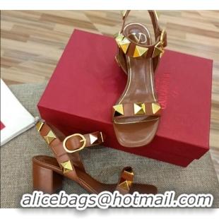 Low Cost Valentino Rockstud Mid-Heel Sandals 6cm 070576 Brown