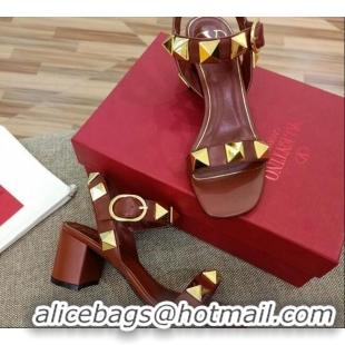 Top Grade Valentino Rockstud Mid-Heel Sandals 6cm 070576 Burgundy