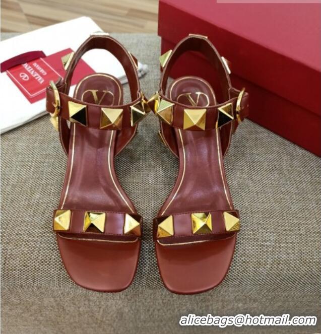 Top Grade Valentino Rockstud Mid-Heel Sandals 6cm 070576 Burgundy