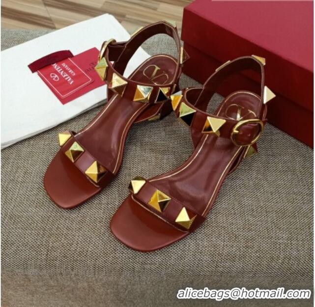 Top Grade Valentino Rockstud Mid-Heel Sandals 6cm 070576 Burgundy