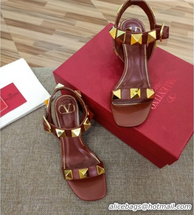 Top Grade Valentino Rockstud Mid-Heel Sandals 6cm 070576 Burgundy