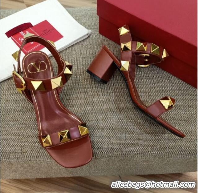 Top Grade Valentino Rockstud Mid-Heel Sandals 6cm 070576 Burgundy