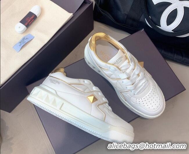 Low Price Valentino One Stud Low-Top Nappa Sneakers White Leather 070657 White/Gold