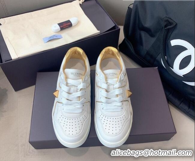 Low Price Valentino One Stud Low-Top Nappa Sneakers White Leather 070657 White/Gold