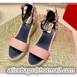 Refined Valentino Double Rockstud Grainy Calfskin Wedge Sandals 070876 Pink 2021