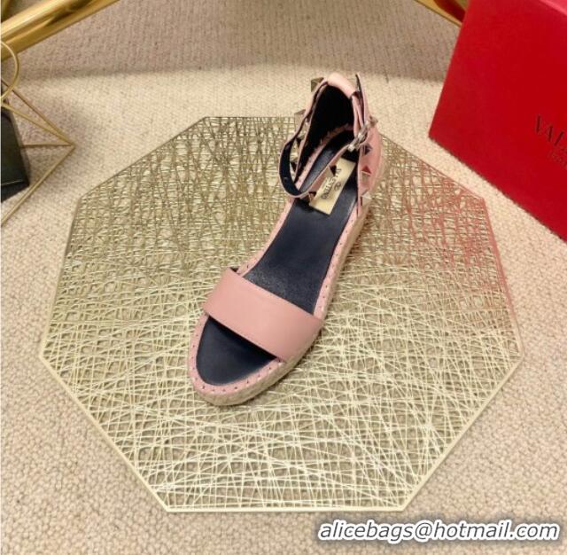 Refined Valentino Double Rockstud Grainy Calfskin Wedge Sandals 070876 Pink 2021