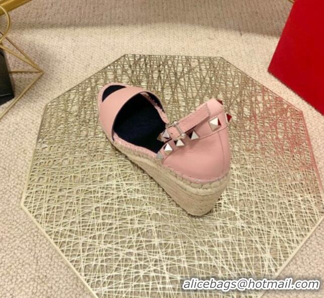 Refined Valentino Double Rockstud Grainy Calfskin Wedge Sandals 070876 Pink 2021