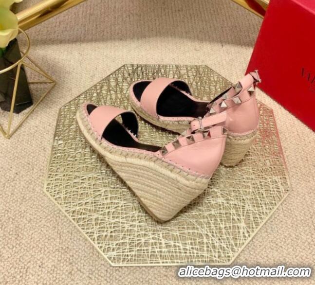 Refined Valentino Double Rockstud Grainy Calfskin Wedge Sandals 070876 Pink 2021