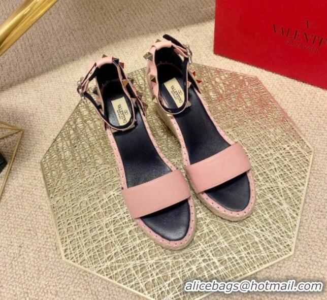 Refined Valentino Double Rockstud Grainy Calfskin Wedge Sandals 070876 Pink 2021