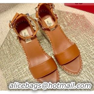 Unique Style Valentino Double Rockstud Grainy Calfskin Wedge Sandals 070876 Brown