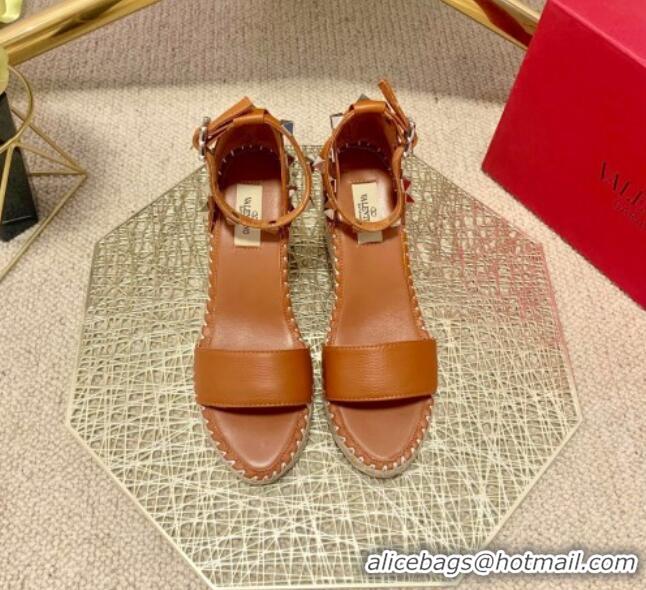 Unique Style Valentino Double Rockstud Grainy Calfskin Wedge Sandals 070876 Brown