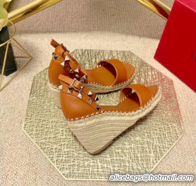 Unique Style Valentino Double Rockstud Grainy Calfskin Wedge Sandals 070876 Brown