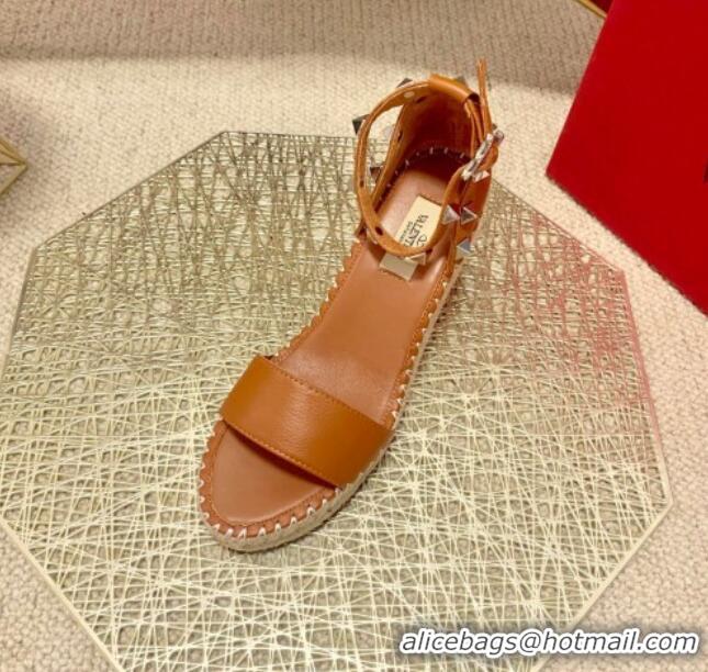 Unique Style Valentino Double Rockstud Grainy Calfskin Wedge Sandals 070876 Brown