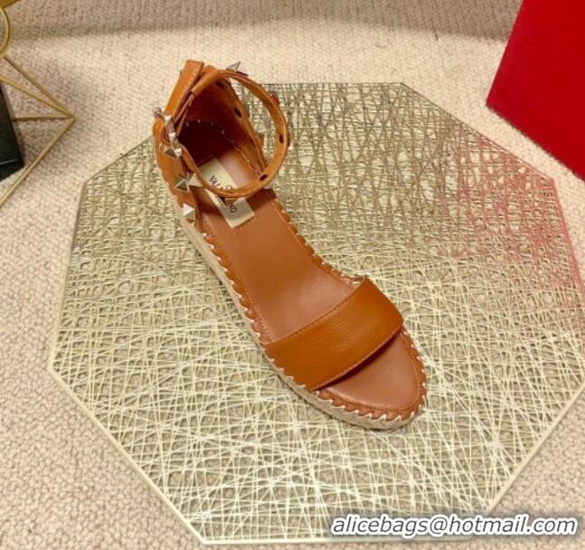 Unique Style Valentino Double Rockstud Grainy Calfskin Wedge Sandals 070876 Brown