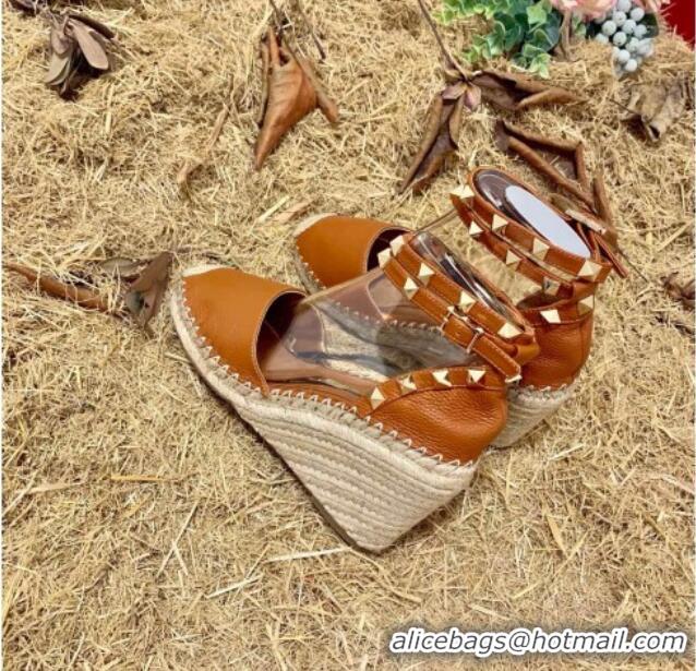 Popular Style Valentino Double Rockstud Grainy Calfskin Wedge Espadrillas 070876 Brown