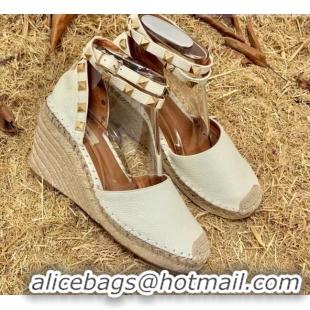 Good Product Valentino Double Rockstud Grainy Calfskin Wedge Espadrillas 6.5cm 070881 White