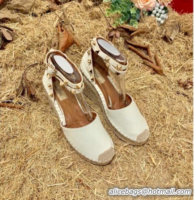 Good Product Valentino Double Rockstud Grainy Calfskin Wedge Espadrillas 6.5cm 070881 White