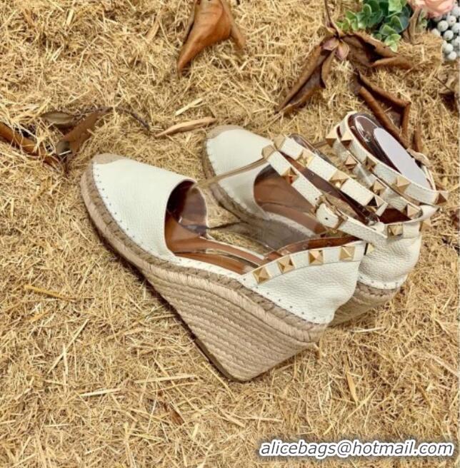 Good Product Valentino Double Rockstud Grainy Calfskin Wedge Espadrillas 6.5cm 070881 White