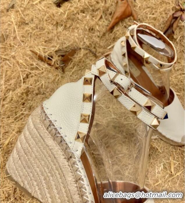 Good Product Valentino Double Rockstud Grainy Calfskin Wedge Espadrillas 6.5cm 070881 White