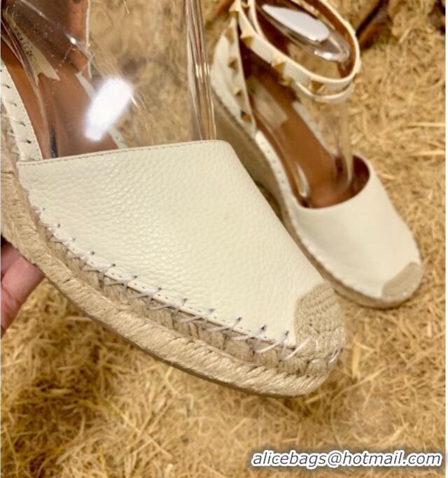 Good Product Valentino Double Rockstud Grainy Calfskin Wedge Espadrillas 6.5cm 070881 White