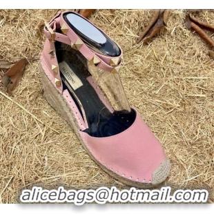 Top Design Valentino Double Rockstud Grainy Calfskin Wedge Espadrillas 6.5cm 070881 Pink