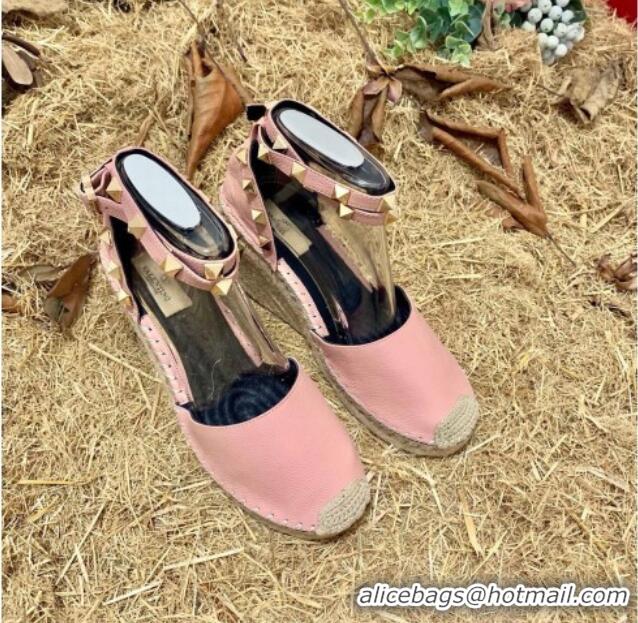 Top Design Valentino Double Rockstud Grainy Calfskin Wedge Espadrillas 6.5cm 070881 Pink