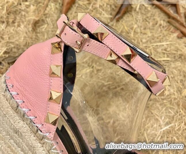 Top Design Valentino Double Rockstud Grainy Calfskin Wedge Espadrillas 6.5cm 070881 Pink