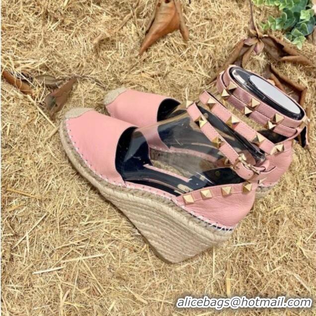 Top Design Valentino Double Rockstud Grainy Calfskin Wedge Espadrillas 6.5cm 070881 Pink