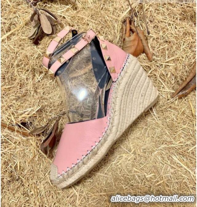 Top Design Valentino Double Rockstud Grainy Calfskin Wedge Espadrillas 6.5cm 070881 Pink