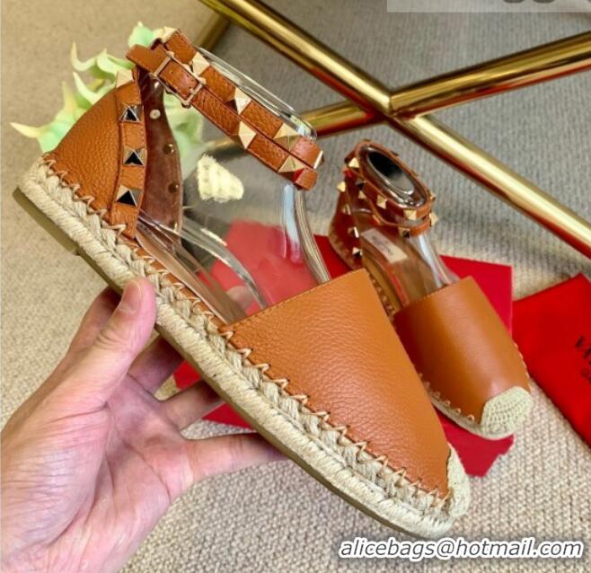 Best Price Valentino Grainy Calfskin Rockstud Double Flat Espadrillas 070897 Brown