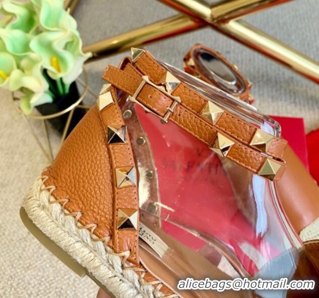 Best Price Valentino Grainy Calfskin Rockstud Double Flat Espadrillas 070897 Brown