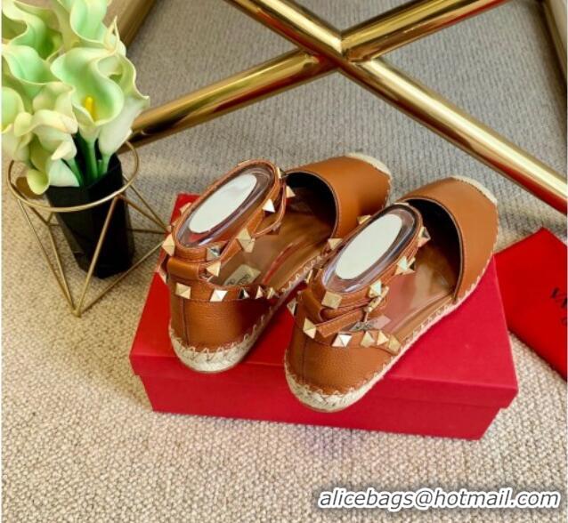 Best Price Valentino Grainy Calfskin Rockstud Double Flat Espadrillas 070897 Brown