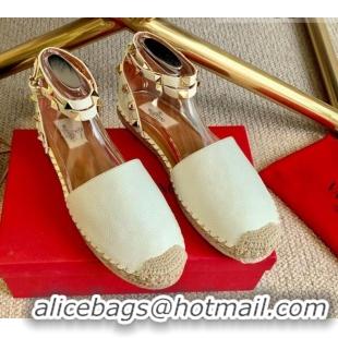 Top Quality Valentino Grainy Calfskin Rockstud Double Flat Espadrillas 070897 White