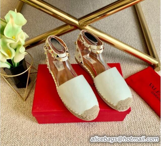 Top Quality Valentino Grainy Calfskin Rockstud Double Flat Espadrillas 070897 White