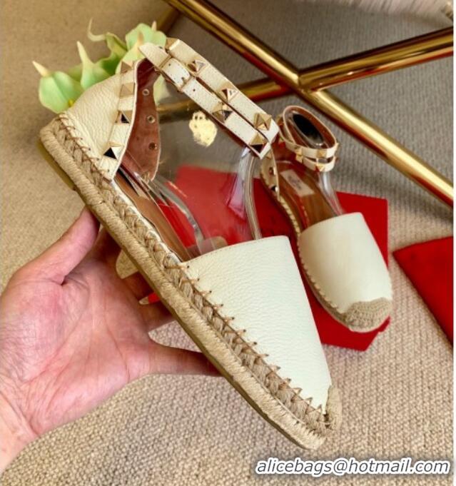 Top Quality Valentino Grainy Calfskin Rockstud Double Flat Espadrillas 070897 White