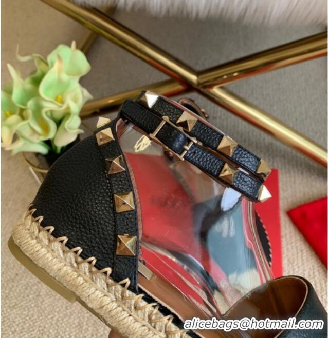 Low Price Valentino Grainy Calfskin Rockstud Double Flat Espadrillas 070897 Black