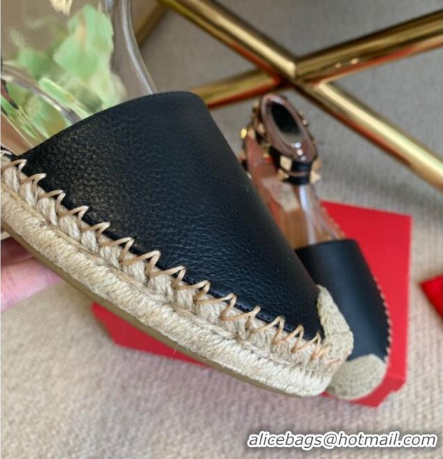 Low Price Valentino Grainy Calfskin Rockstud Double Flat Espadrillas 070897 Black