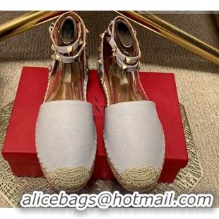 Pretty Style Valentino Grainy Calfskin Rockstud Double Flat Espadrillas 070897 Light Grey