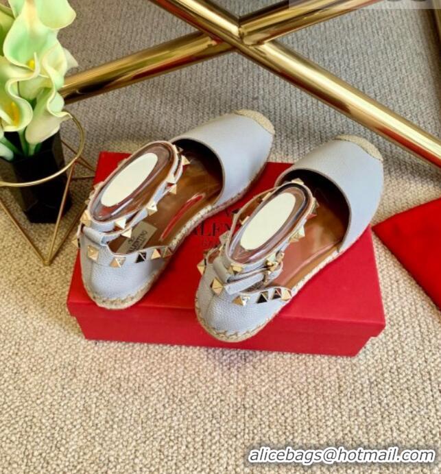 Pretty Style Valentino Grainy Calfskin Rockstud Double Flat Espadrillas 070897 Light Grey